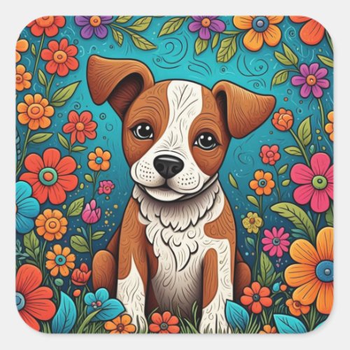 Cute Puppy with Whimsical Folk Art Flowers Square Sticker