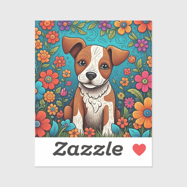 Cute Puppy with Whimsical Folk Art Flowers Sticker (Sheet)