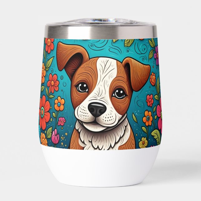 Cute Puppy with Whimsical Folk Art Flowers Thermal Wine Tumbler (Front)