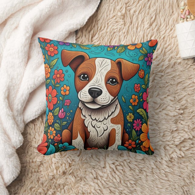 Cute Puppy with Whimsical Folk Art Flowers Throw Pillow (Blanket)