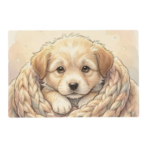 Cute puppy wrapped by knitted blanket placemat