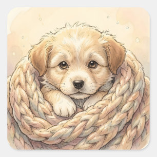 Cute puppy wrapped by knitted blanket square sticker