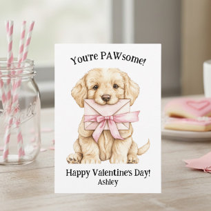 Cute Puppy You're PAWsome Pink Kids Valentine's  Note Card