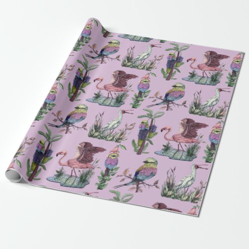 Cute Purple African Bird Pattern Wrapping Paper