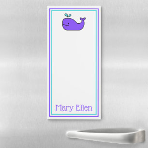 Cute Purple and Aqua Whale Personalized Magnetic Notepad