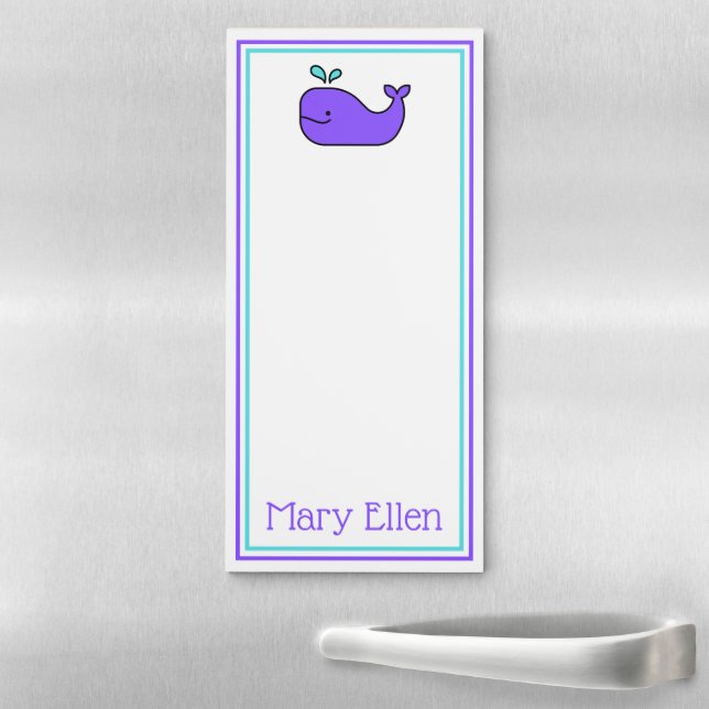 Cute Purple and Aqua Whale Personalized Magnetic Notepad (In Situ)