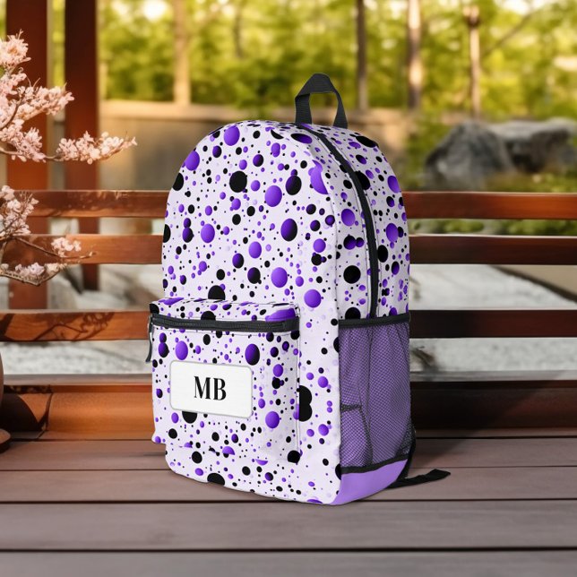 Cute Purple and Black Polka Dot Monogram Printed Backpack (Creator Uploaded)