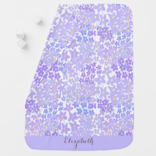 Cute Purple and Blue Floral Baby Girl Custom Name Blanket