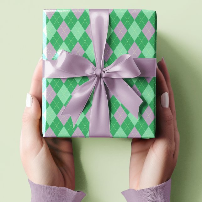 Cute Purple and Green Small Argyle Pattern Kids Wrapping Paper (Cute Small Scaled Purple and Green Argyle Pattern with Lime Green Dotted Lines for St. Patrick's Day)