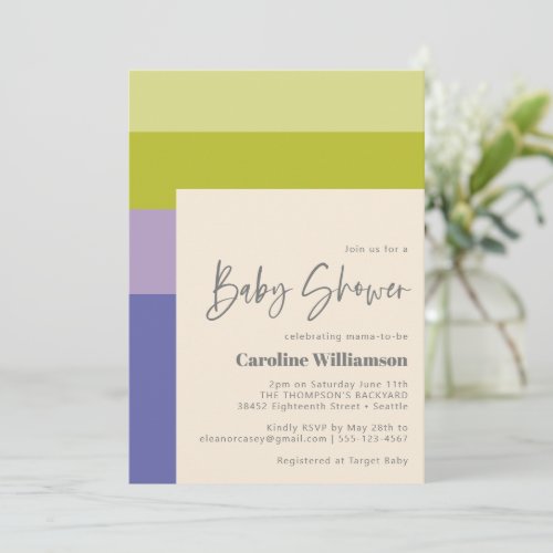 Cute Purple and Green Stripes Modern Baby Shower Invitation