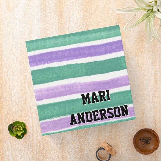 Cute Purple and Green Stripes Modern Personalized 3 Ring Binder (In Situ)
