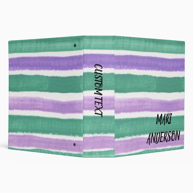 Cute Purple and Green Stripes Modern Personalized 3 Ring Binder (Background)