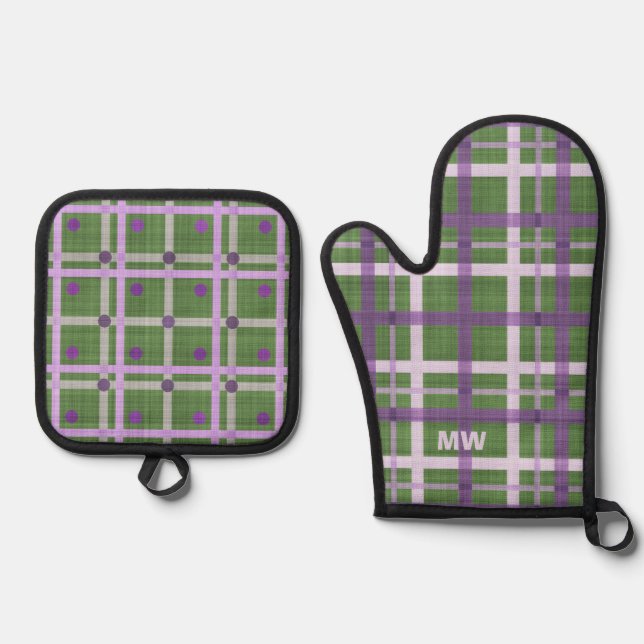 Cute Purple and Green Tones Oven Mitt & Pot Holder Set (Front)