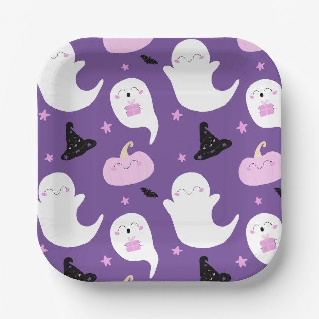 Cute Purple and Pink Halloween Birthday Paper Plates (Front)