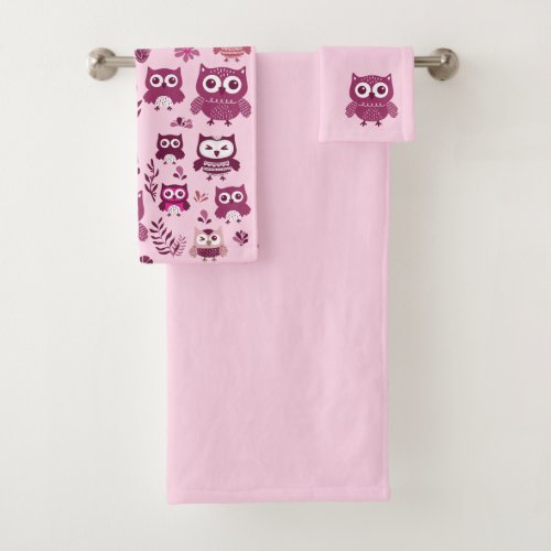 Cute Purple and Pink Owls Pattern Bath Towel Set