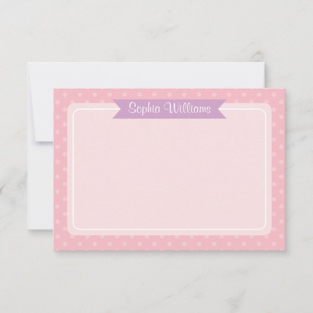 Cute Purple and Pink Polka Dot Personalized Name Note Card (Front)