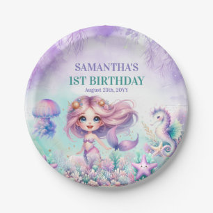 Cute purple and teal mermaid summer 1st birthday paper plates