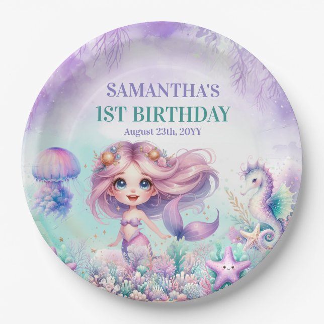 Cute purple and teal mermaid summer 1st birthday paper plates (Front)
