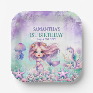 Cute purple and teal mermaid summer 1st birthday paper plates