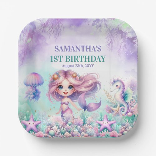 Cute purple and teal mermaid summer 1st birthday paper plates