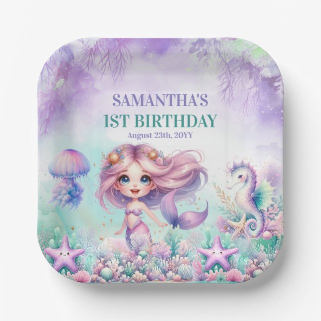 Cute purple and teal mermaid summer 1st birthday paper plates (Front)