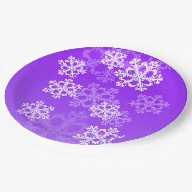 Cute purple and white Christmas snowflakes Paper Plates (Angled)