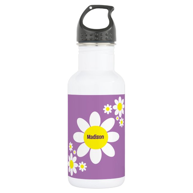 Cute Purple and White Daisies Floral Custom Name Stainless Steel Water Bottle (Front)