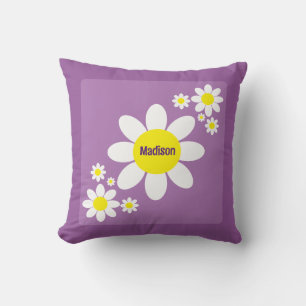 Cute Purple and White Daisies Floral Custom Name Throw Pillow
