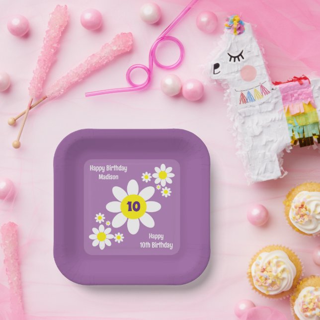 Cute Purple and White Daisies Floral Initial Paper Plates (Party)