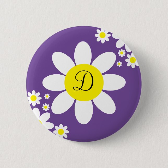 Cute Purple and White Daisy Single Initial Button (Front)
