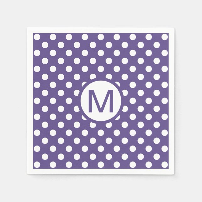 Cute Purple and White Polka Dots Monogram Party Napkins (Front)