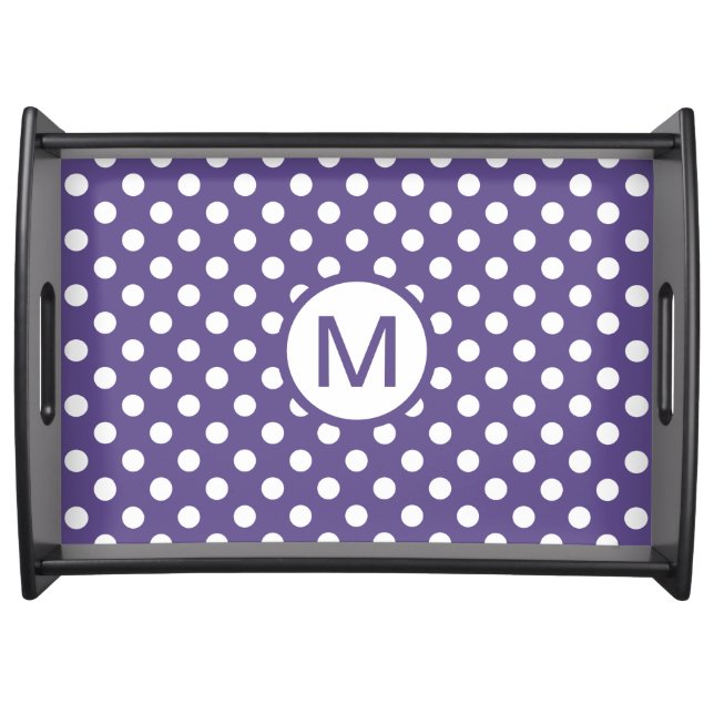 Cute Purple and White Polka Dots Monogram Serving Tray (Front)