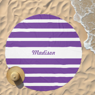Cute Purple and White Striped Personalized Beach Towel