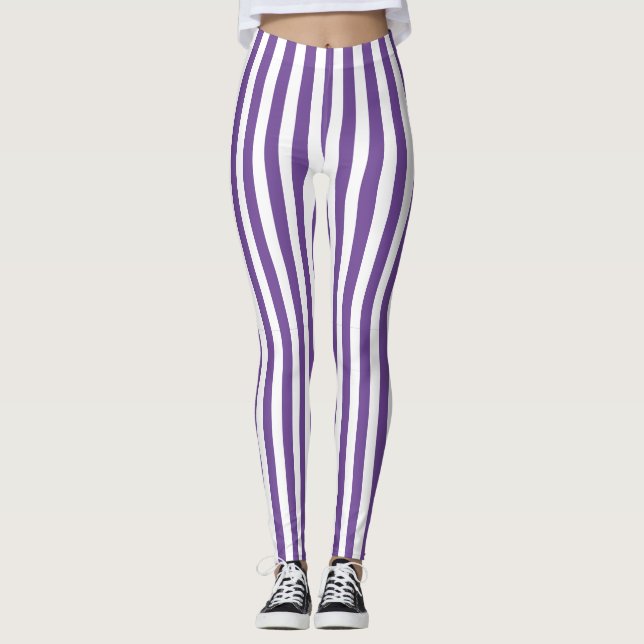 Cute Purple and White Vertical Stripes Leggings (Front)