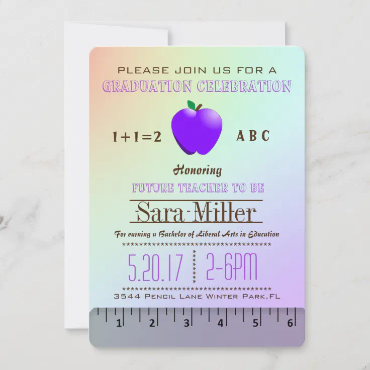 Cute Purple Apple Teacher Graduation Invitation | Zazzle