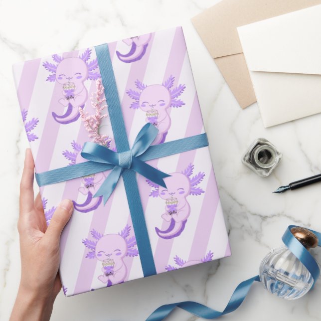 Cute Purple Axolotl Boba Tea Kids Birthday Party Wrapping Paper (Gifting)