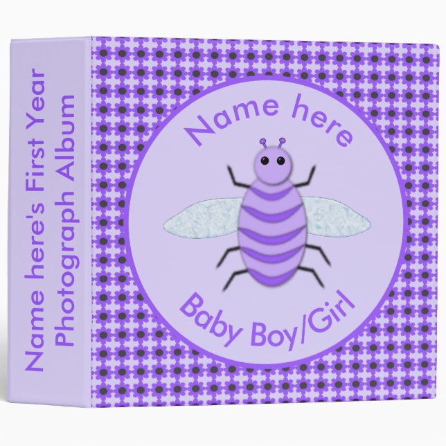 Cute Purple Baby Bee First Year Photograph Album 3 Ring Binder (Front/Spine)