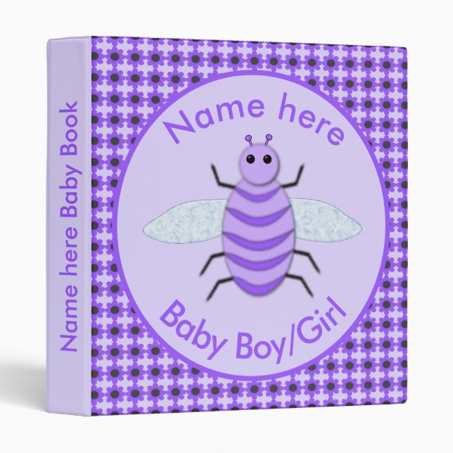 Cute Purple Baby Bee Gender Neutral Baby Book 3 Ring Binder (Front/Spine)