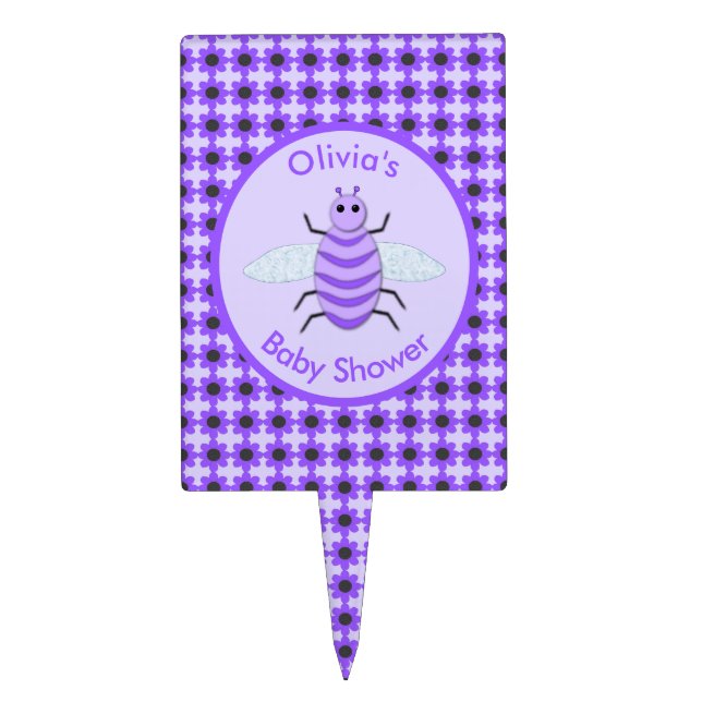 Cute Purple Baby Bee Gender Neutral Baby Shower Cake Topper (Front)