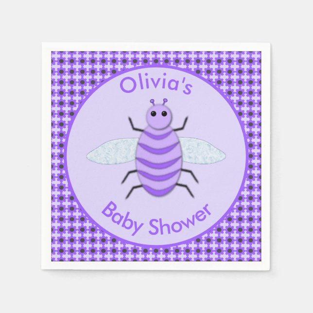 Cute Purple Baby Bee Gender Neutral Baby Shower Napkins (Front)