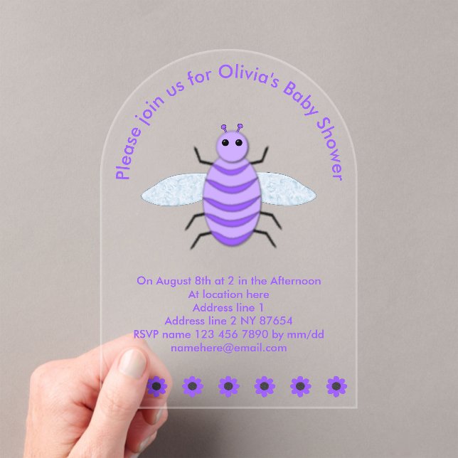 Cute Purple Baby Bee Gender Neutral Custom Acrylic Invitations (Insitu (Handheld))