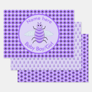 Cute Purple Baby Bee Gender Neutral Custom Wrapping Paper Sheets