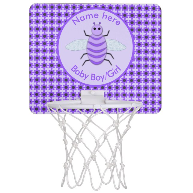 Cute Purple Baby Bee Gender Reveal Neutral Custom Mini Basketball Hoop (Front)