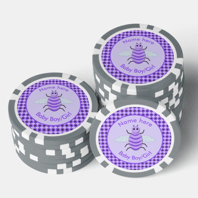 Cute Purple Baby Bee Gender Reveal Neutral Custom Poker Chips (Stack)