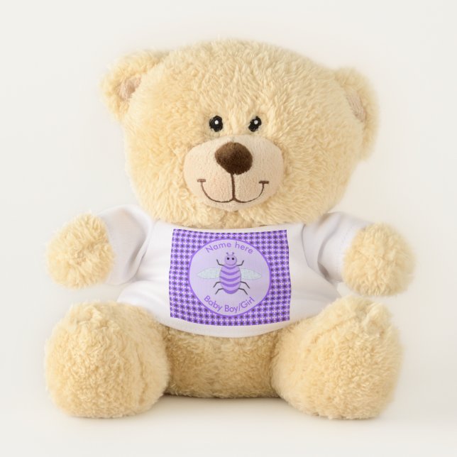 Cute Purple Baby Bee Gender Reveal Neutral Custom Teddy Bear (Front)