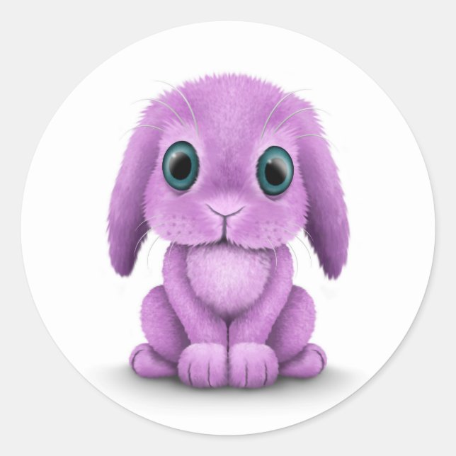 Cute Purple Baby Bunny on White Classic Round Sticker (Front)