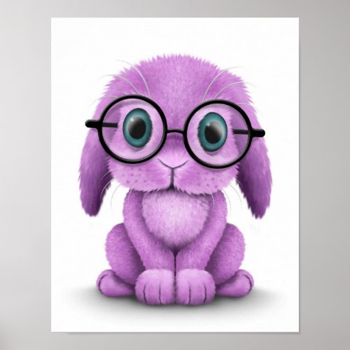 Cute Purple Baby Bunny Wearing Glasses on White Poster