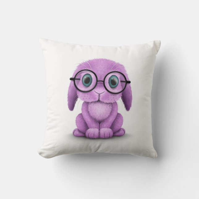 Cute Purple Baby Bunny Wearing Glasses on White Throw Pillow (Front)
