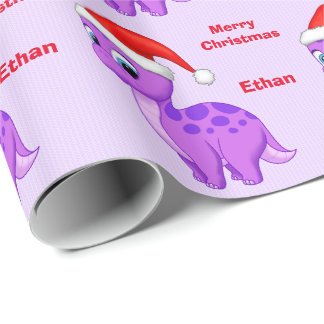 Cute Purple Baby Dinosour with Santa Hat Wrapping Paper