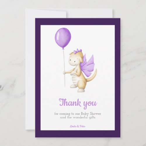 Cute Purple Baby Dragon Baby Shower Thank You Card